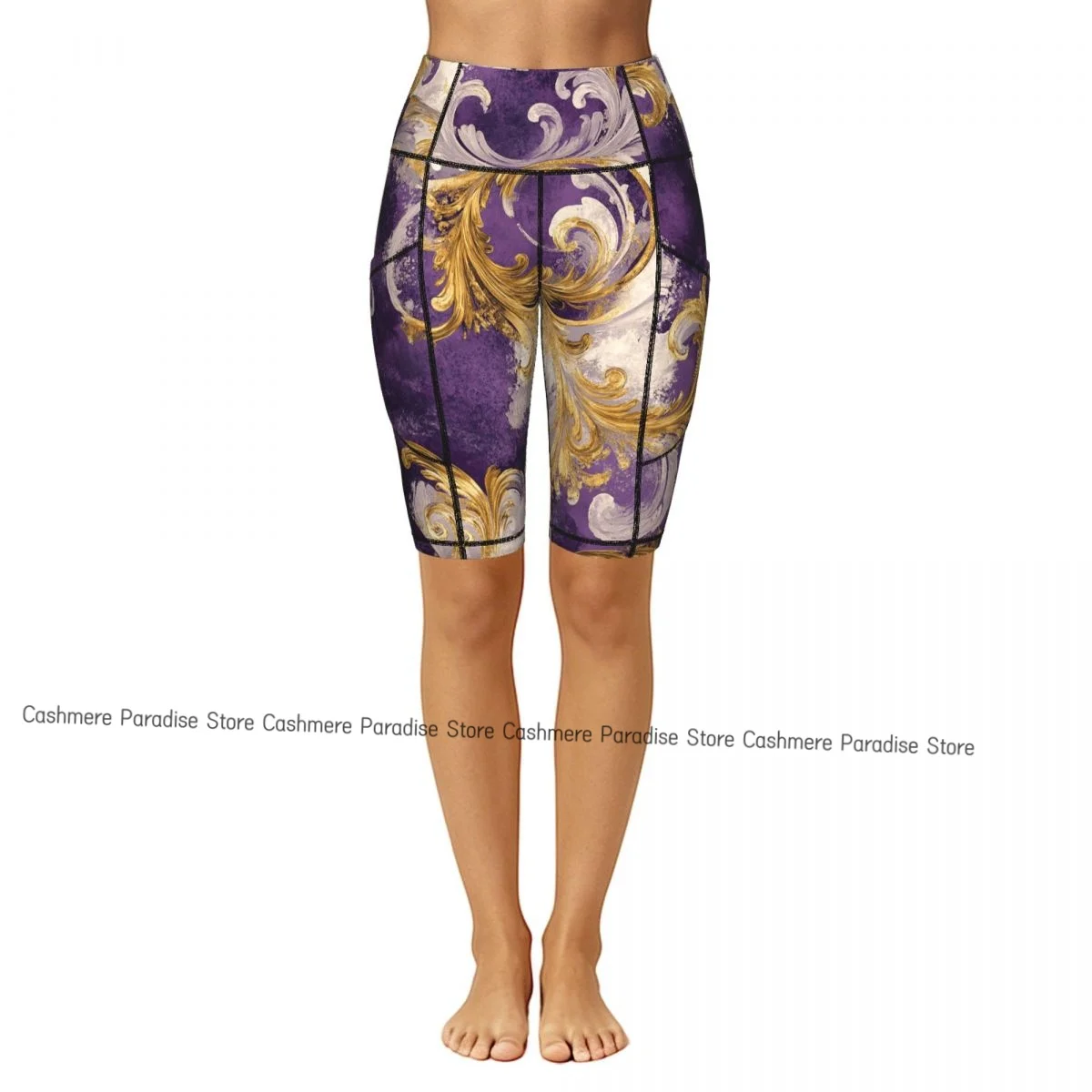 Double Pocket Sports Shorts Women Elastic Slim Purple Gold Rug Shorts Gym Exercise Running High Waist Yoga Fitness Shorts