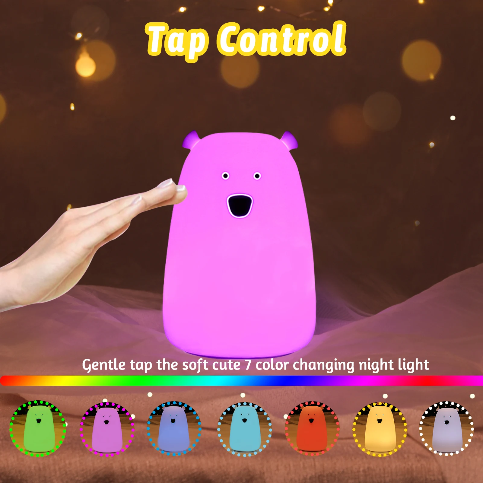 Urso LED Night Light Decoração, lâmpada de cabeceira, Silicone, Touch Sensor, Tap Control, bebê, crianças, Ddormitorio, Bonito