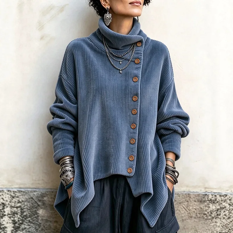 New Women'S Long Sleeve Asymmetric Button Collar Loose Corduroy Top Casual Daily Wear Soft Warm Corduroy Blouse For Fall Winter