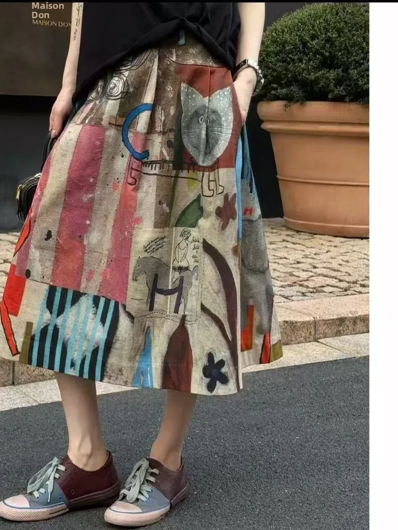 Cartoon Print Cotton Linen Half Skirt High Waist Casual Summer Autumn Women's Fashion Slimming City Commute Leisure Skirt