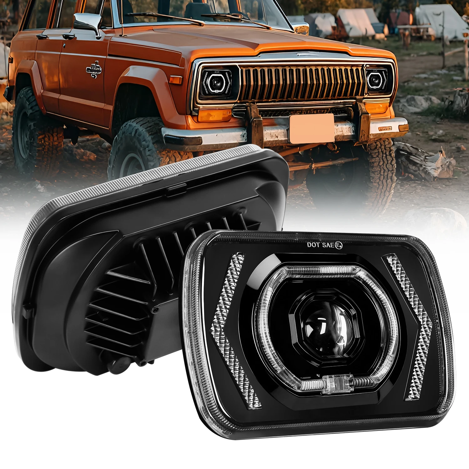 

7Inch LED Square Headlight H4 Hi-Lo Beam Dual Lens White/Yellow DRL Turn Signal + Red Demon Eye For J-eep Wrangler Off-Road Lamp