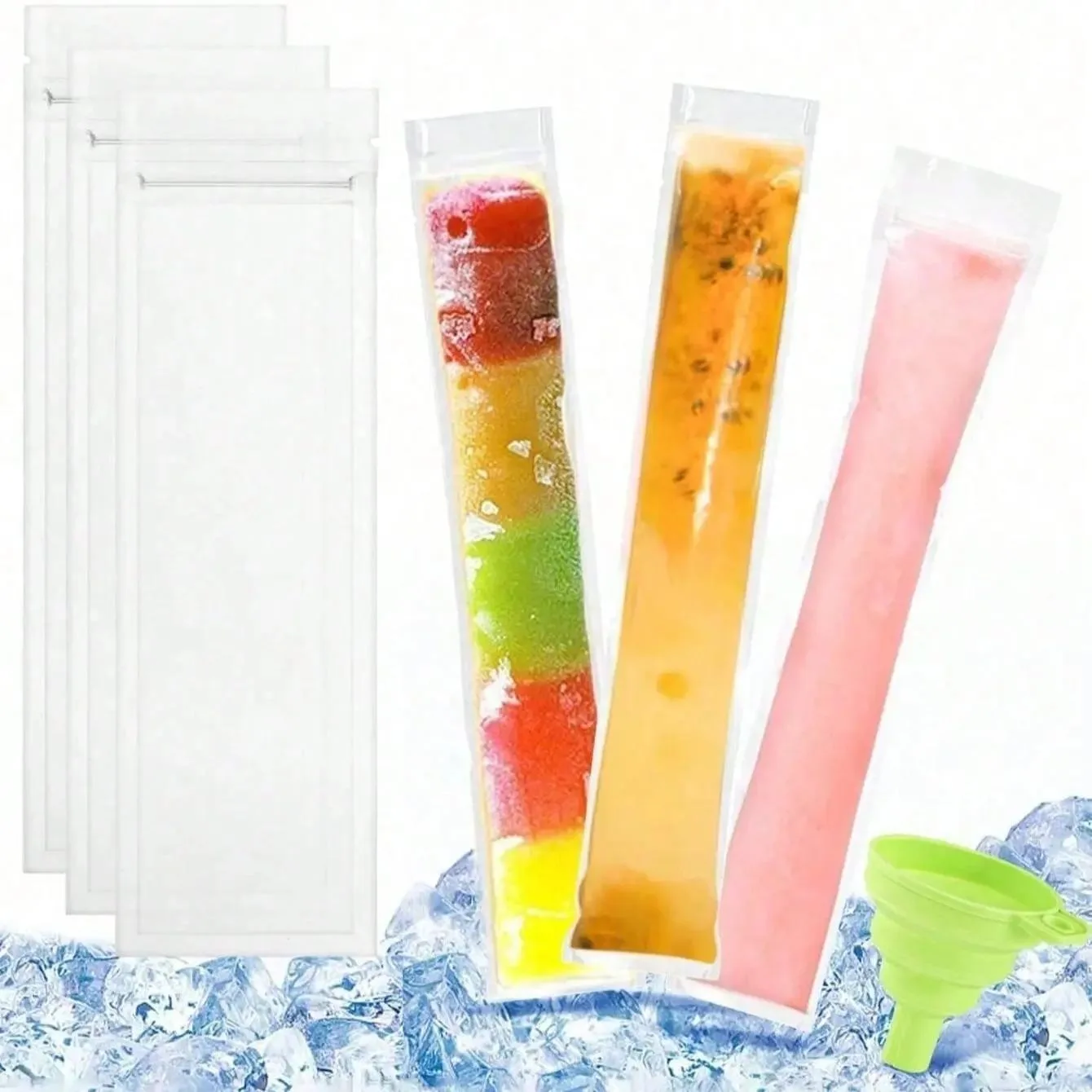 50 Pcs Disposable Ice Popsicle Mold Bags Freezer Tubes Ice Candy Pops With a Funnel and Zip Seals For Healthy Snacks,Yogurt Sticks,Juice,Fruit Smoothies