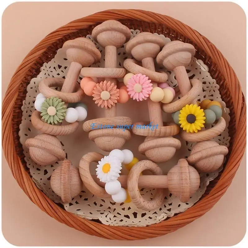090B Woods Rattle Beech Barbell มือการงอกของฟัน Woods แหวนเด็กทารก Rattles เล่นของเล่น