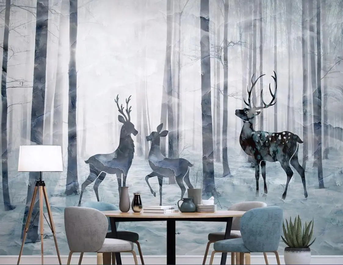 

Скандинавский лось, лес, ПВХ, самоклеящиеся настенные фрески, диван, обои для спальни, гостиная, ТВ-фон, декор