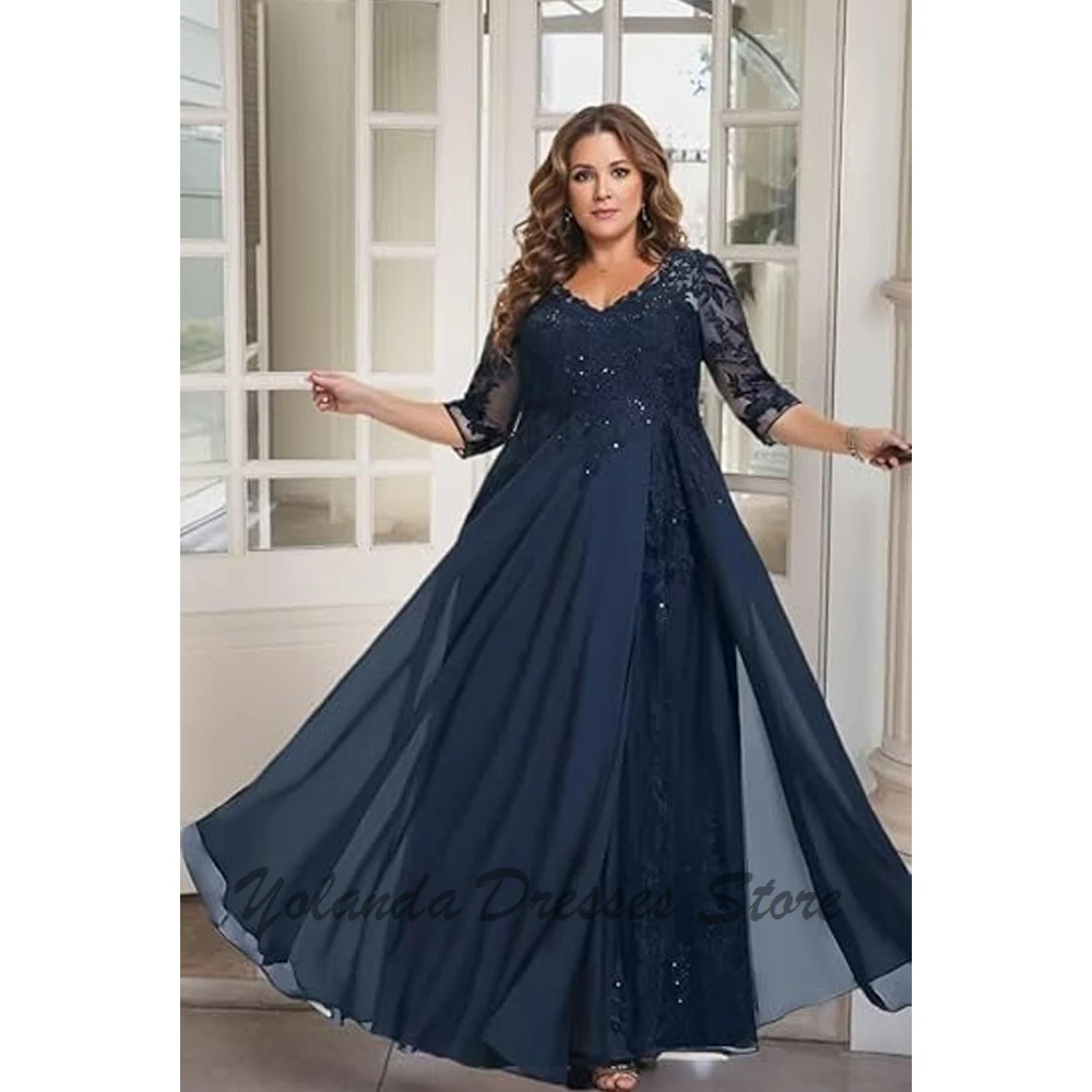 3/4 Sleeve Mother of The Bride Dresses for Wedding A Line Chiffon Lace V Neck Long Sequin Formal Evening Dress Appliques