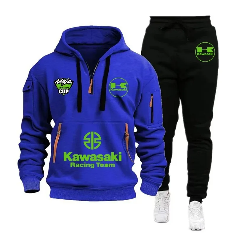 Kawasaki Men's Half Zipper Outdoor Extreme Sports Enthusiast Kawasaki Motorcycle Spring and Autumn Leisure Set Hoodie and Pants