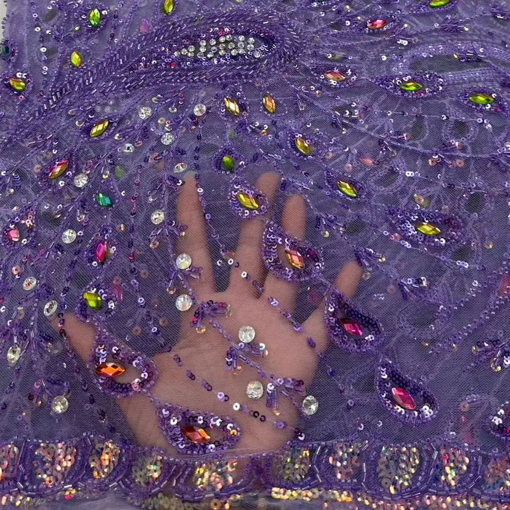 

Rhinestone Sheer Lace Purple Fabric High Quality 2026 African Lace Fabric Sequin Beaded Embroidery For Latin Dance Dress 5 yards