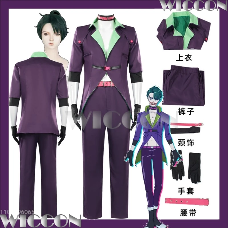 Crazy MAN jOKERs ISEKAI Anime Suicideee Cosplay escuadrón traje gótico peluca verde mente Humen traje púrpura abrigo pantalones cinturón Halloween