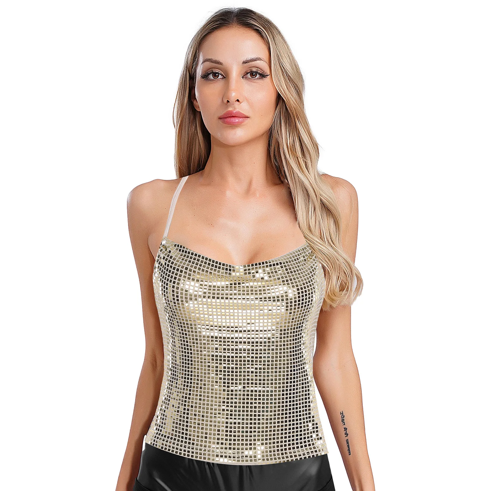

Womens Sequin Crop Vest Halter Cowl Neck Backless Crop Tops Sparkly Tank Top for Club Party Festivals