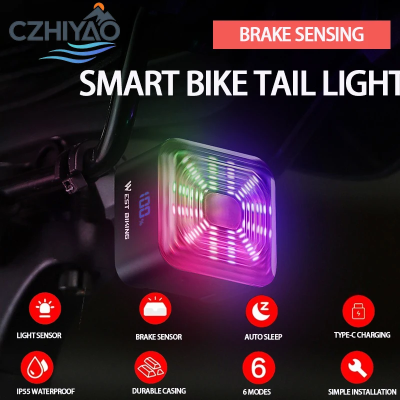

CZHIYAO Bike Rear Light, Smart Brake Sensing Light, 6 Lighting Modes,USB Rechargeable,LED Bicycle Warning Light,for Night Riding