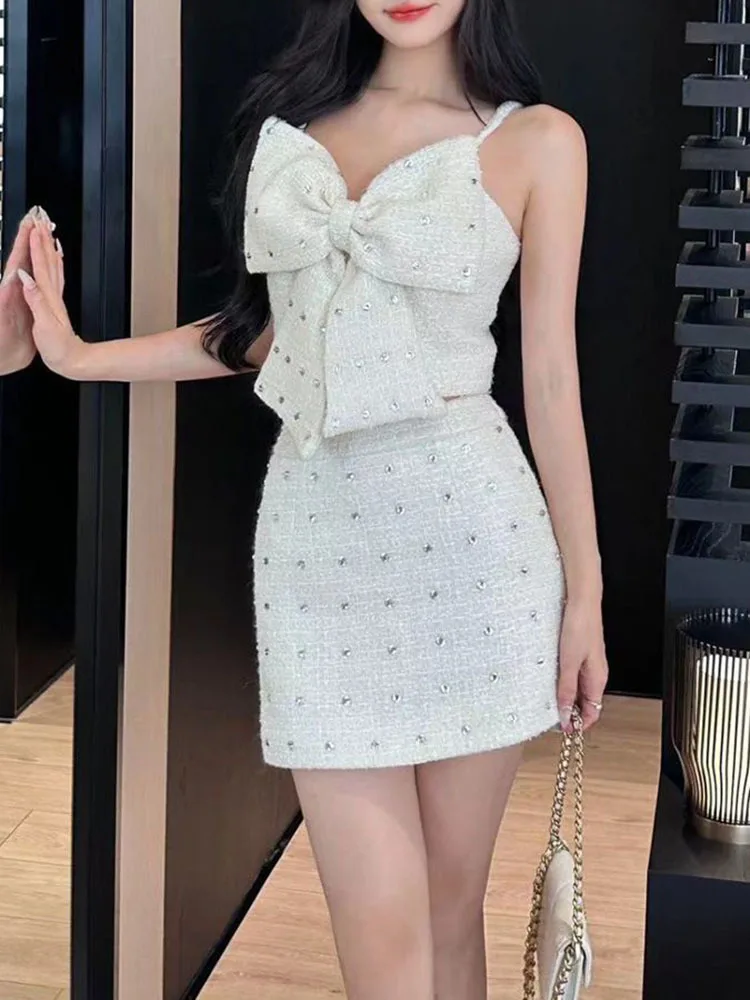 

Sexy Fashion Women Sleeveless Backless Bow Diamonds Sling Tops Hot Girl High Waist Slim Short Skirts Summer Ladies Two-Piece Set