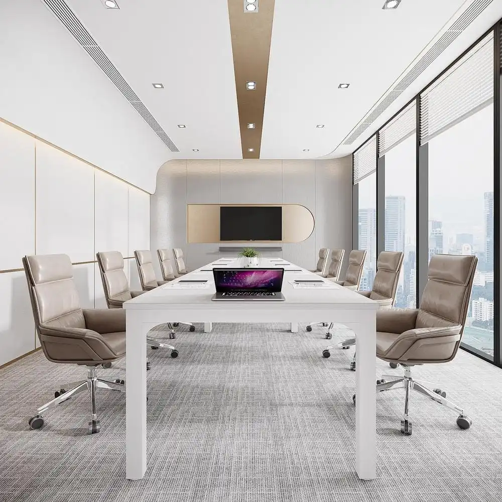 78.7 بوصة. طاولة مؤتمرات مستطيلة من الخشب الأبيض، طاولة ندوة اجتماعات كبيرة مع إطار معدني للمكتب #5