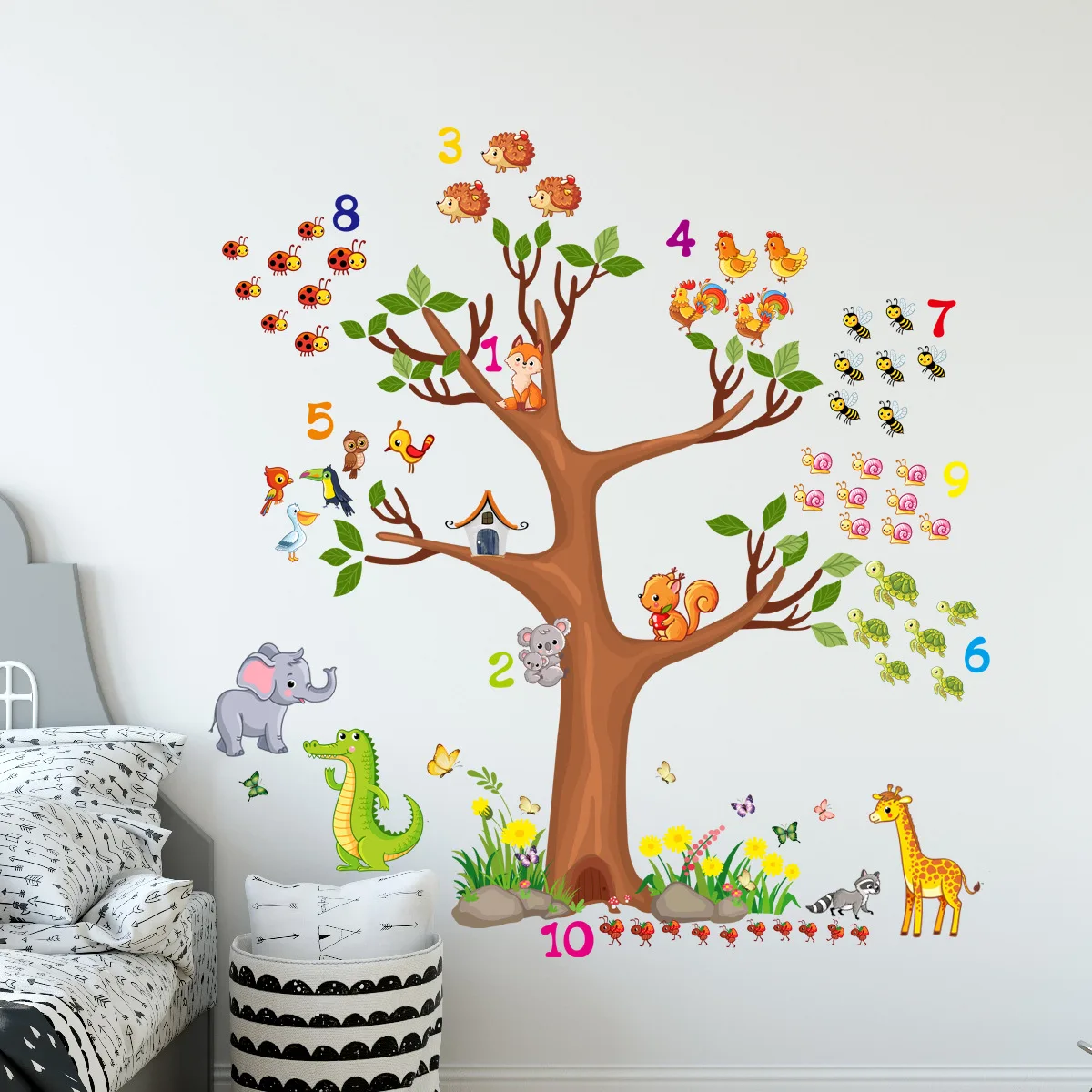 Mural de pájaro de árbol grande para habitación de niños, pegatina de pared de animales de dibujos animados, autoadhesiva, decoración de jardín de