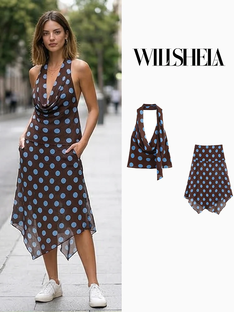 

Willshela Women Fashion 2 Piece Sets Dot Backless Halter Neck Tops & Vintage Elastic Waist Skirt Female Chic Lady Skirts Set