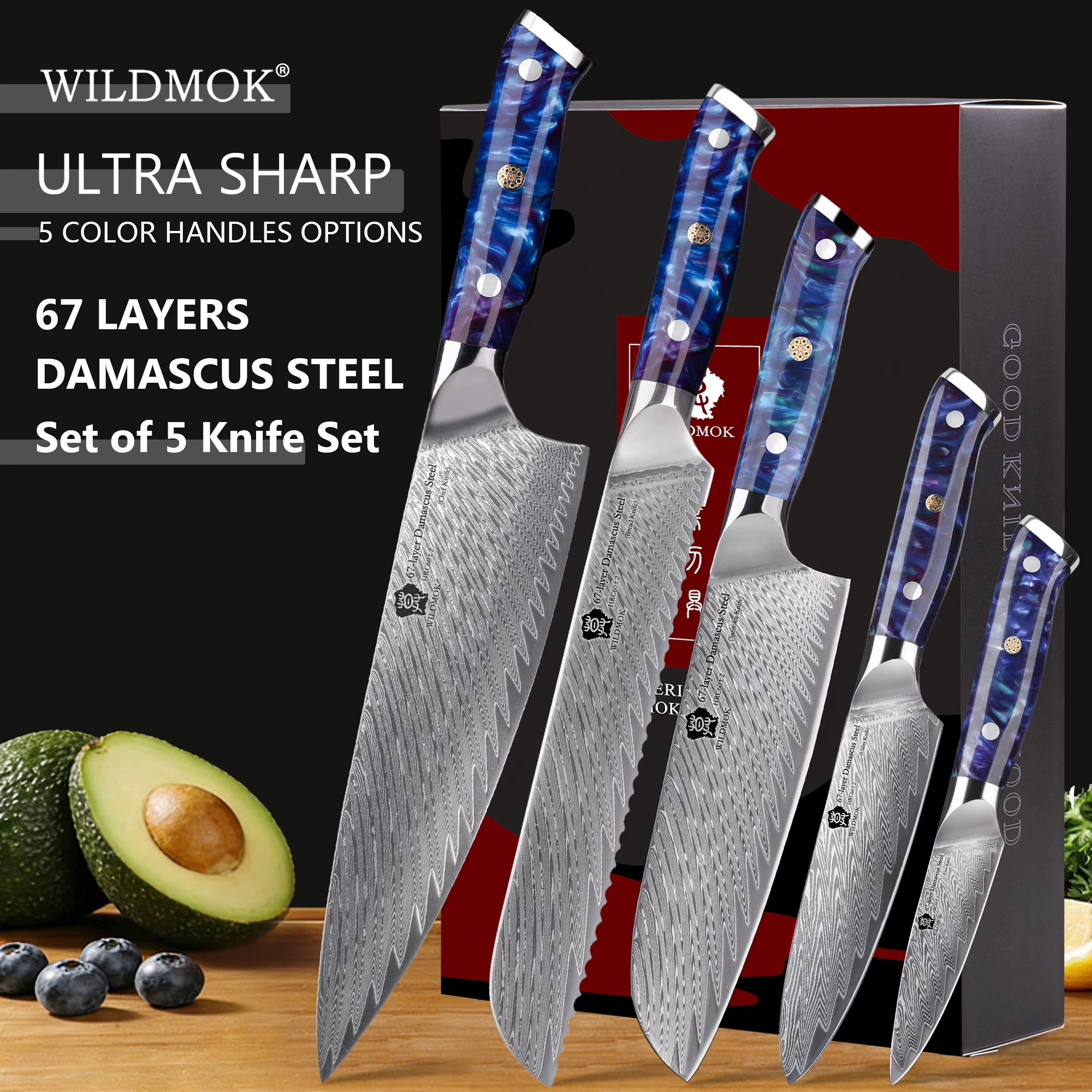 WILDMOK 5Pcs 67 Layer VG10 Damascus Steel Chef Knife Set Blue Resin Handle Professional Kitchen Knives with Gift Box
