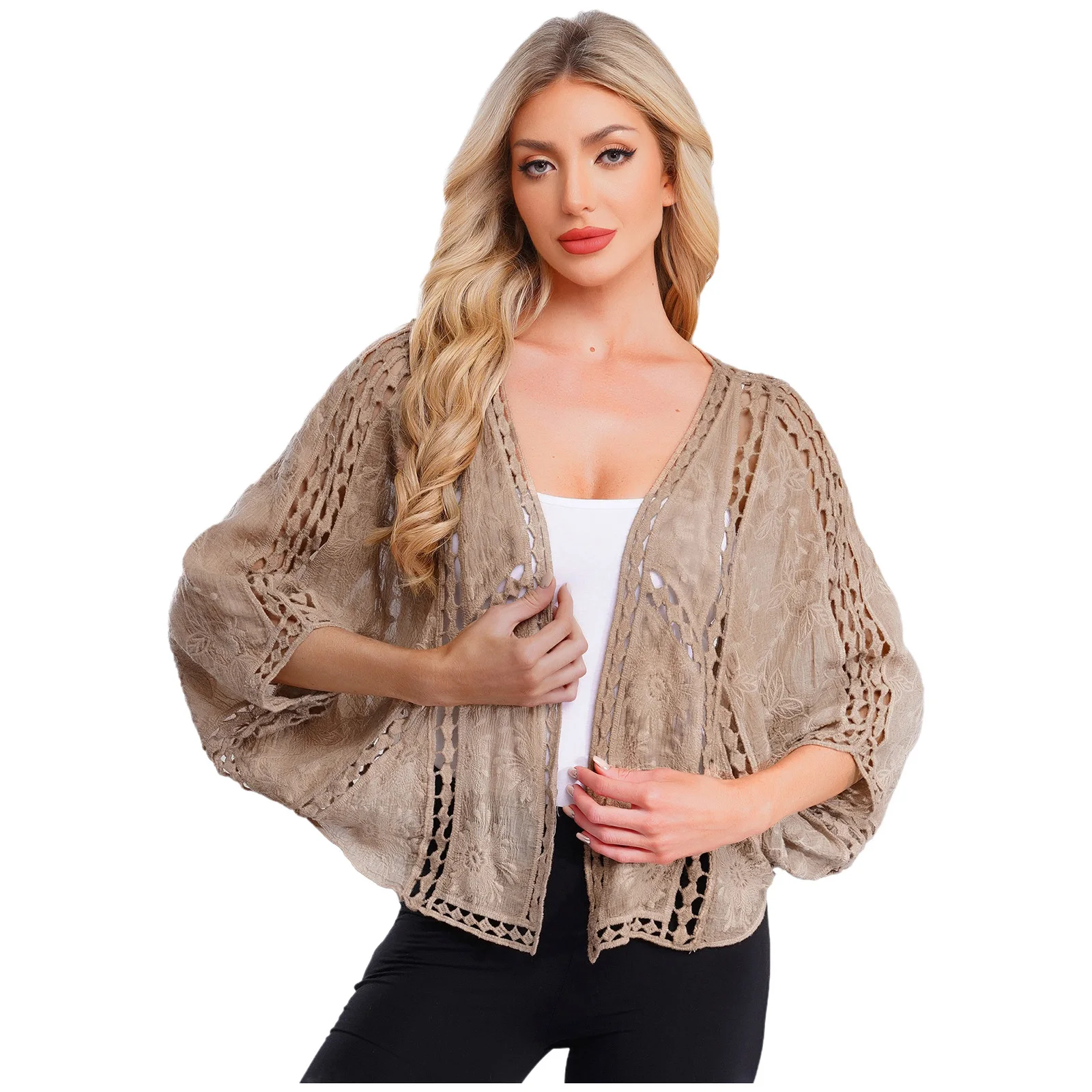 

Женский кардиган в стиле бохо с вышивкой, рукавами «летучая мышь» и рукавами 3/4, укороченный жилет-болеро с открытым передом для отпуска