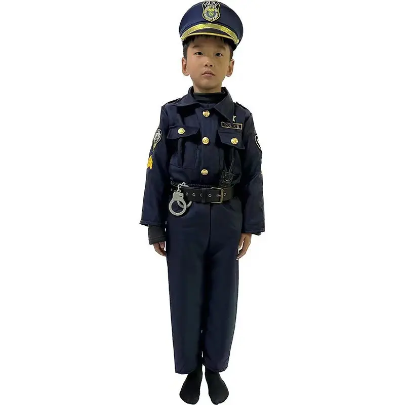 Disfraz de oficial de policía de alta calidad, bonito uniforme de policía, traje azul con accesorios, disfraz de Halloween para niño