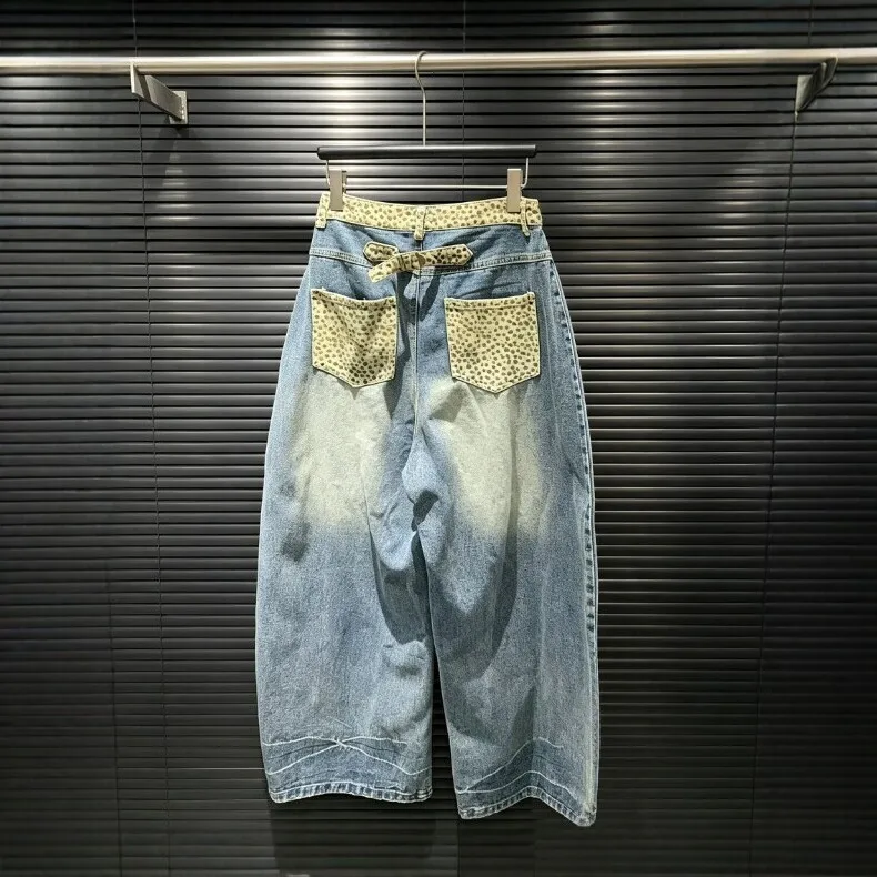 Patchwork Wide Leg Jeans No Stretch Japanese Korean Casual with Whiskering Water Washed Leopard Print Cropped Spring Women Pants