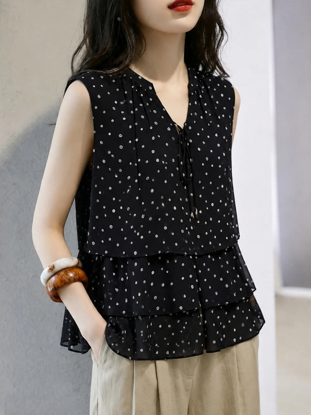 Elegant Polka Dot Vest Design Casual Sleeveless Summer Loose Women's Top Commute Style Micro Stretch Daily Wear
