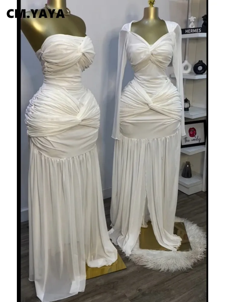 CM.YAYA mujeres apiladas acanaladas drapeadas con abertura alta plisado Maxi vestido largo ajustado 2025 vacaciones cumpleaños Club fiesta vestidos de noche