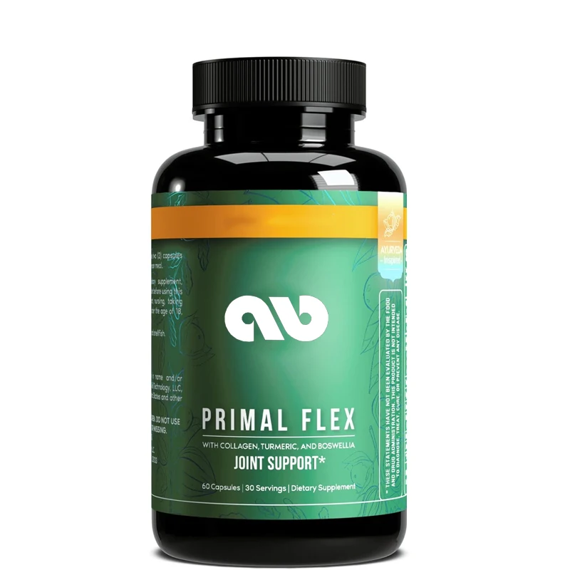 

Primal Flex joint supplement, containing collagen, turmeric, frankincense, and South African drunken eggplant