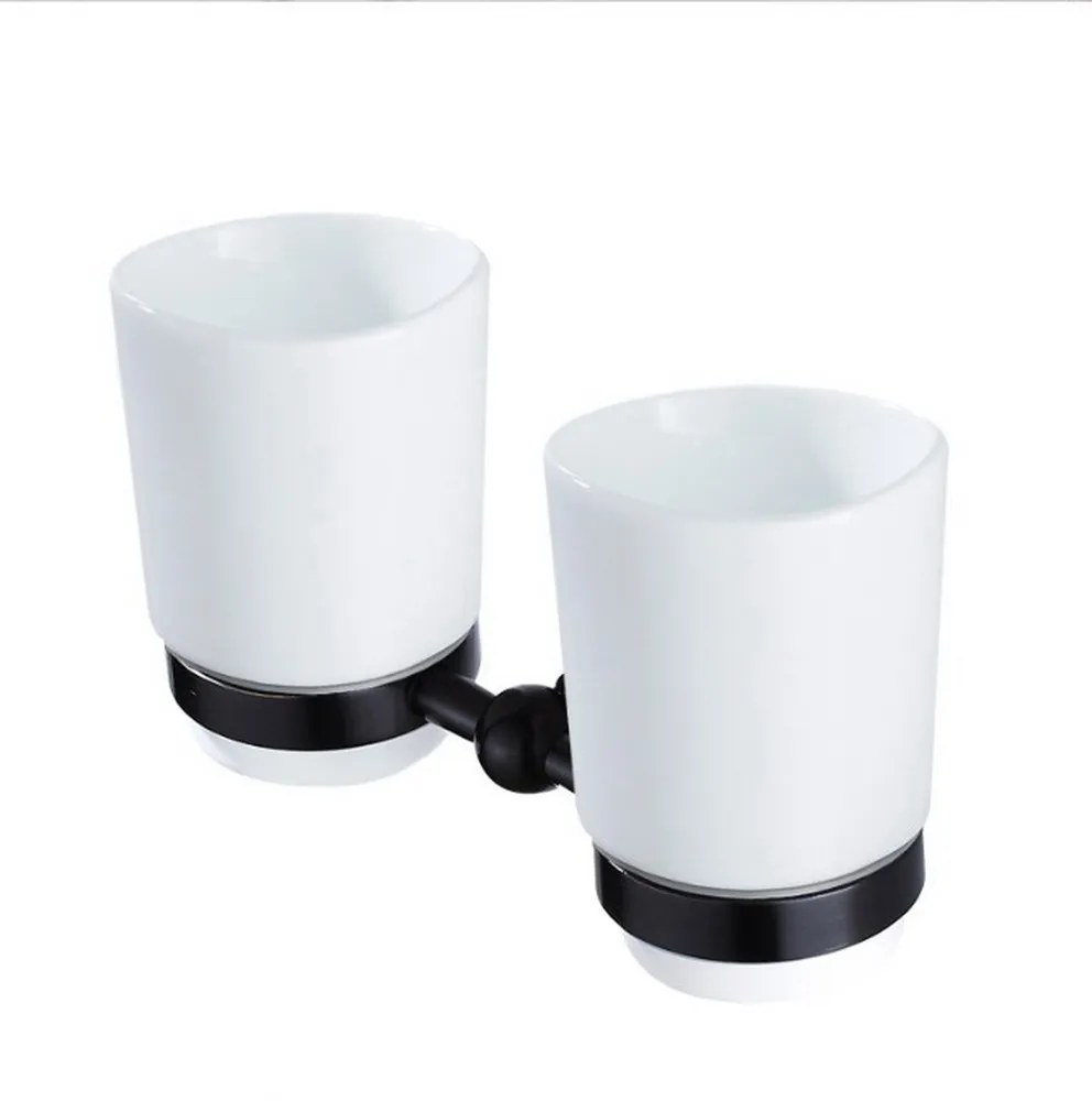 

Black Oil Rubbed Brass Toothbrush Holder With Dual Ceramic Cups Wall Mounted Bathroom Accessories aba209