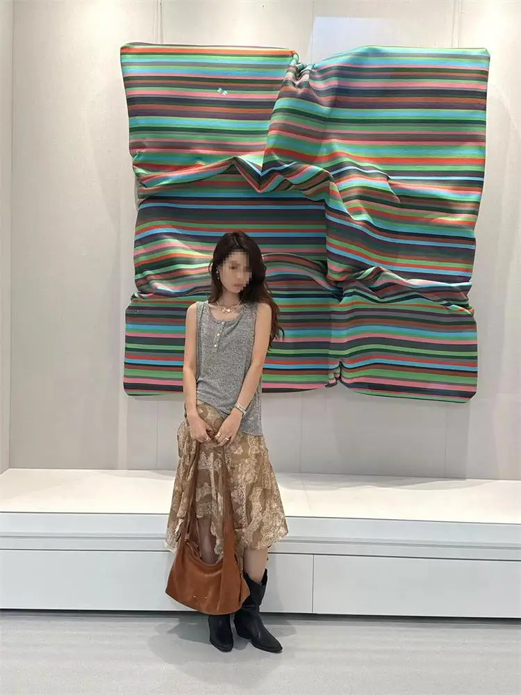 Café Color Lace Print Asymmetrical Skirt Korean Style High Waist A-Line  Skirt Daily Wear Beautiful Unique Skirt
