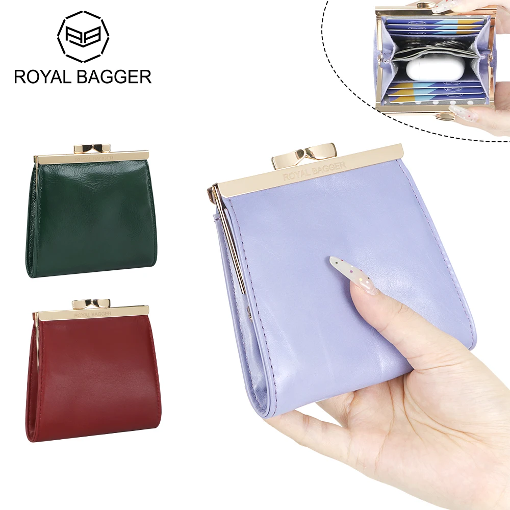 Royal Bagger Kiss Lock Credit Card Holder for Women, Genuine Leather Short Wallets, Fashion Vintage Coin Purse 1923