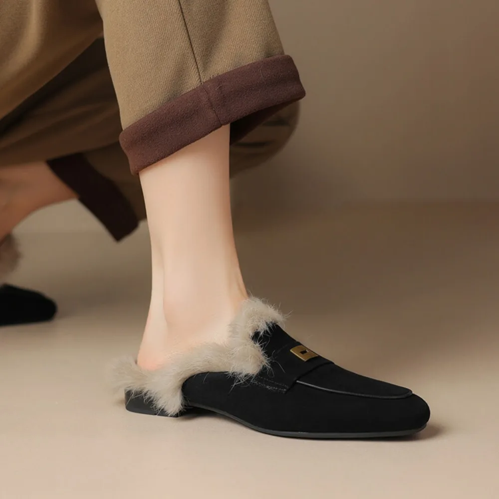 Winter Shoes Women Suede Rabbit Hair Mules Slipper Fashion Solid Color Closed Toe Fur Slippers Casual Outside Furry Warm Slides