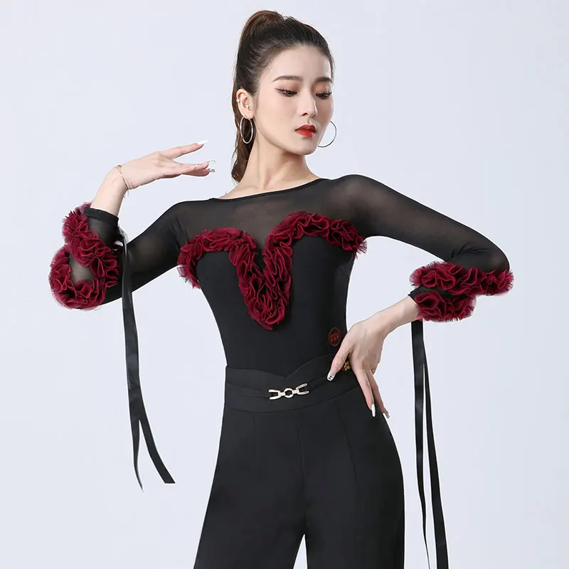 

New Latin Dance Practice Clothes For Women Long Sleeved Shirts Modern Dance Performance Clothes Chacha Samba Latin Wear DN15549