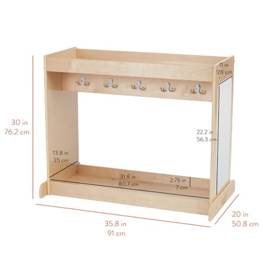 Double-Sided Toddler Dress-Up Island with Mirror Clothes Rack for Interactive Playroom Fun Natural Wood Finish with Durable Sto