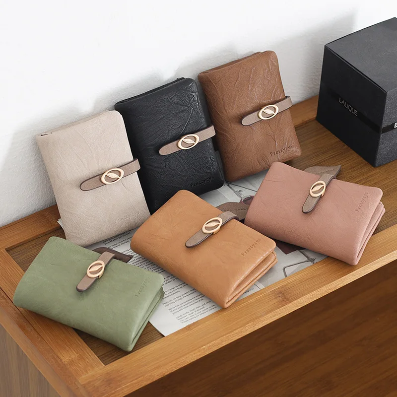 

PU Ladies' short wallet, simple and retro, with a frosted zipper and buckle, multi-slot wallet, student coin purse