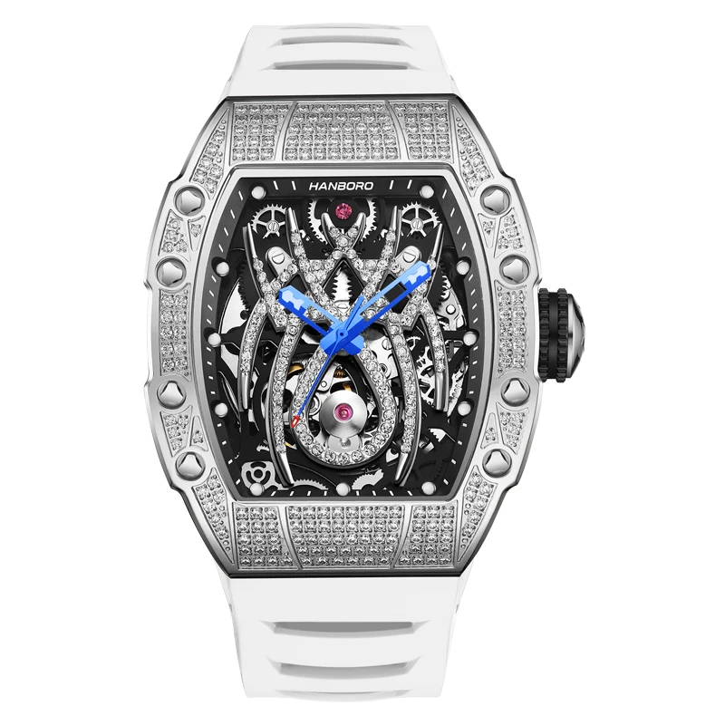 HANBORO Men Automatic Watch 50mm Tonneau Mechanical Wristwatch Luminous 50M Waterproof Skeleton Spider Dial Crystal Bezel