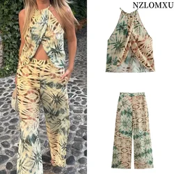 2023 Summer 2 Pieces Sets Fashio Printed Hang-Neck Short Sling Tops + High Waist Long Pants Causal Elegant Slim Sets