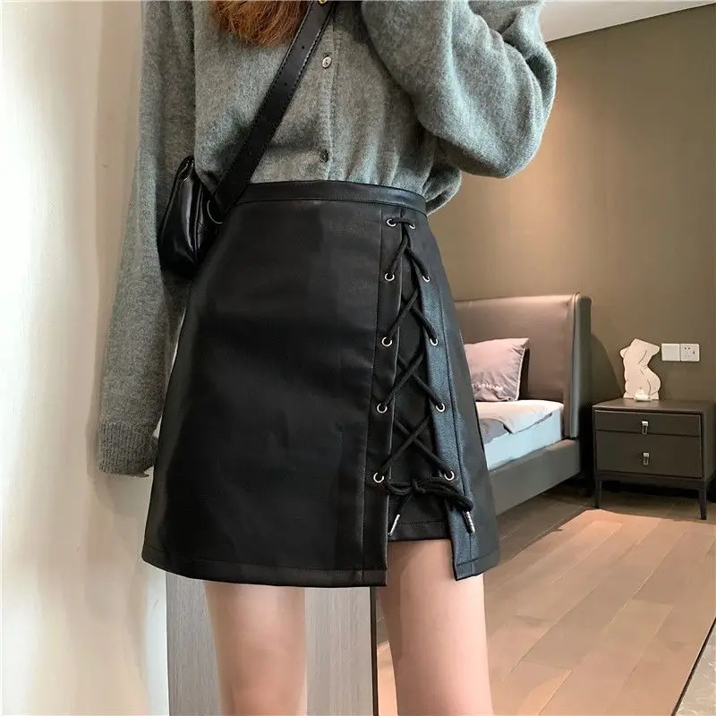 Autumn Winter New Irregular Bandage Trend A-line Skirt Solid Color High Waist Black Korean Skirts Vintage Fashion Women Clothing