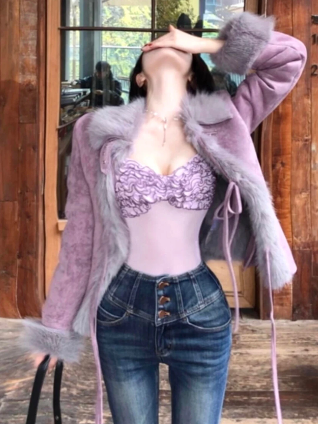 

Retro Faionable Purple Suede Cotton Jaet ort Sle Unique Cute Outerwear Winter Commute Korean Version Slim Fit