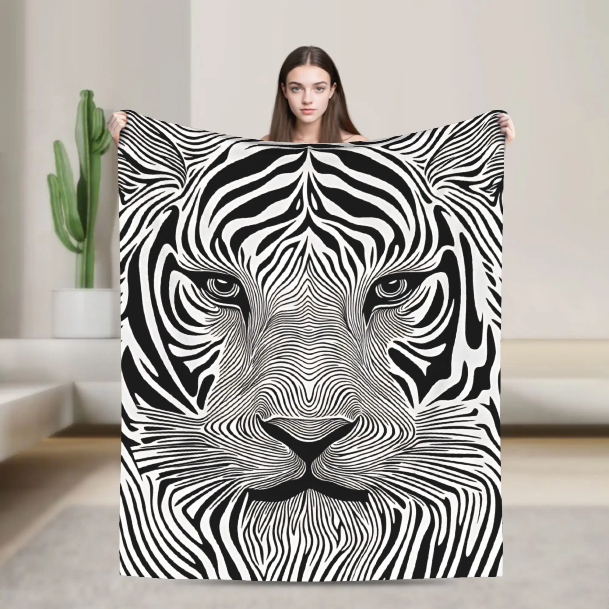 Super Soft Blanket Travel Black White Line Art Tiger Face Optical Illusion Throw Blanket Funny  Bedspread For Bedroom