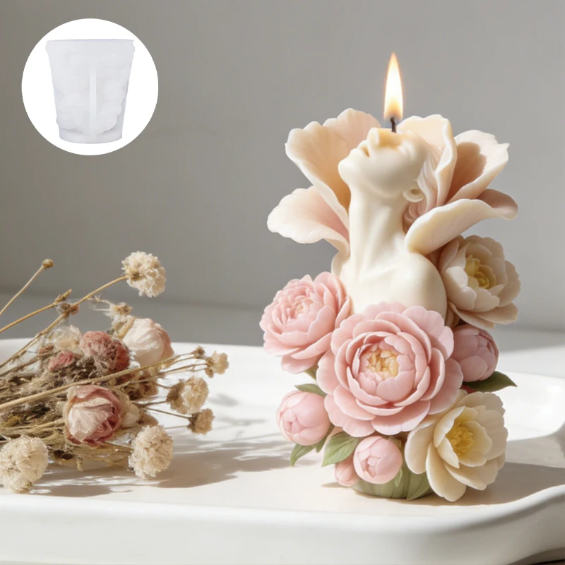 3D Flower Surround Woman Candle Silicone Mold Peony Lady Head Sculpture Aroma Soap Wax Gypsum Craft Mold Home Decor view 6