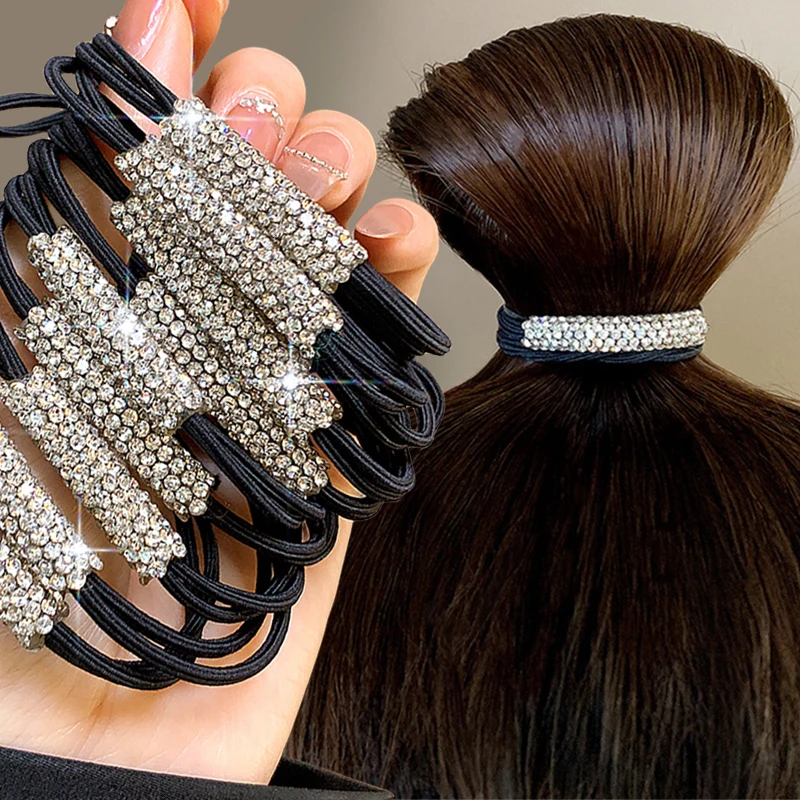 Shiny Crystal Rubber Bands Hair Accessories Women Black Rhinestone Elastic Hair Girls Lovely Hair Ropes Ponytail Holder Tie