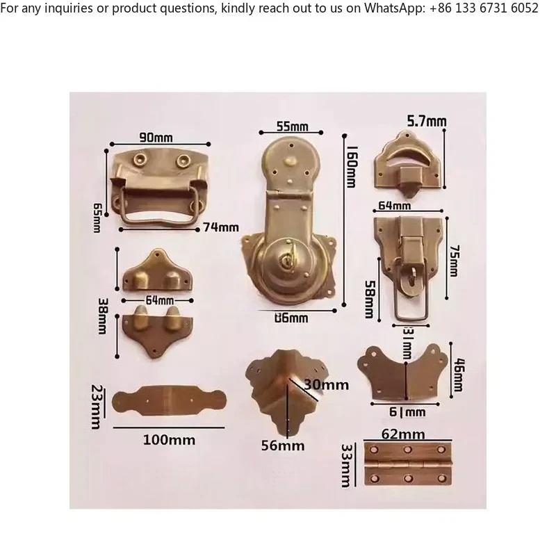Vintage camphor wood box handle accessories full set of Chinese hinge brass box buckle round corner retro wooden box