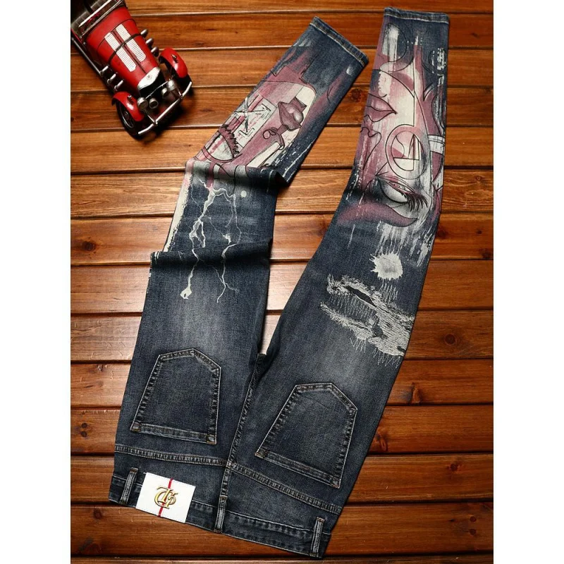 High end light luxury new printed jeans for men fashion casual trend elastic slim fit straight tube washed versatile denim pants
