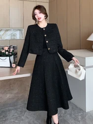 High Quality French Two Piece Set Women Tweed Solid Simple O-Neck Long Sleeve Jacket Coat+High Waist Skirt Suit  Autumn Clothes