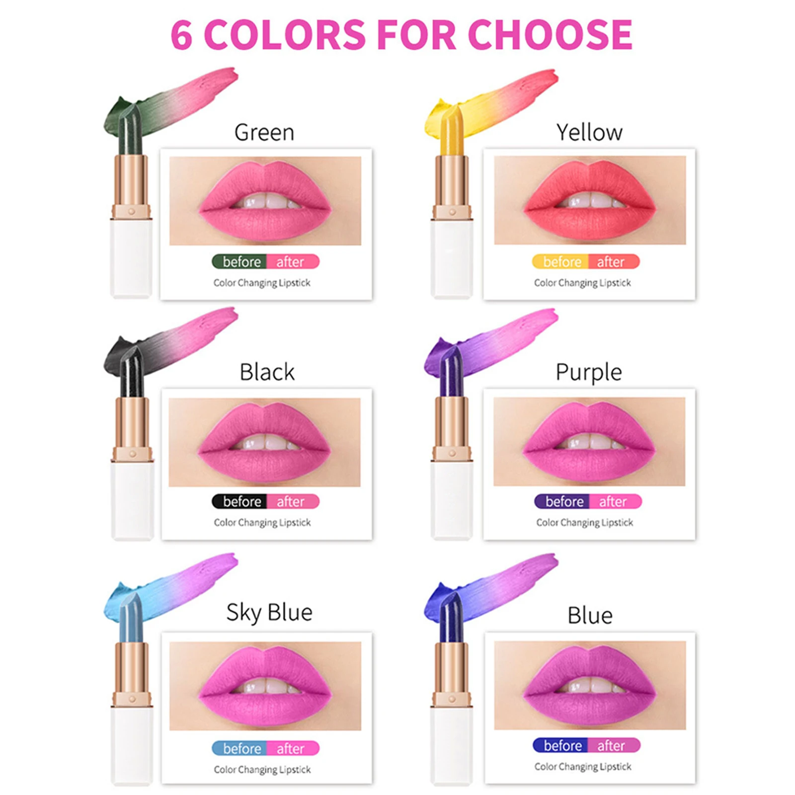 6종 컬러 체인징 립스틱 세트, 온도에 민감한 립밤, 천연 성분 무드 립스틱 (여성용, 여행용, 무대용)
