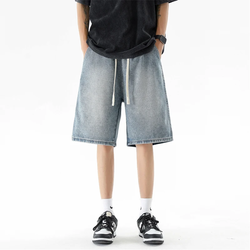 Summer Thin Retro Versatile Casual Denim Shorts for Men Soft Comfortable Stretchy Loose Drawstring Denim five pants Shorts Male