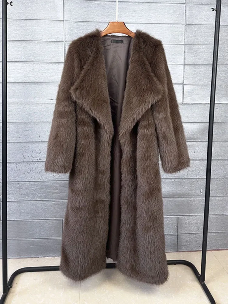 Women Brown Faux Fur Long Overcoat Luxury Lapel Fleece Long Thicken Cardigan Coat Winter Fluffy Plush Warm New Street Outerwear