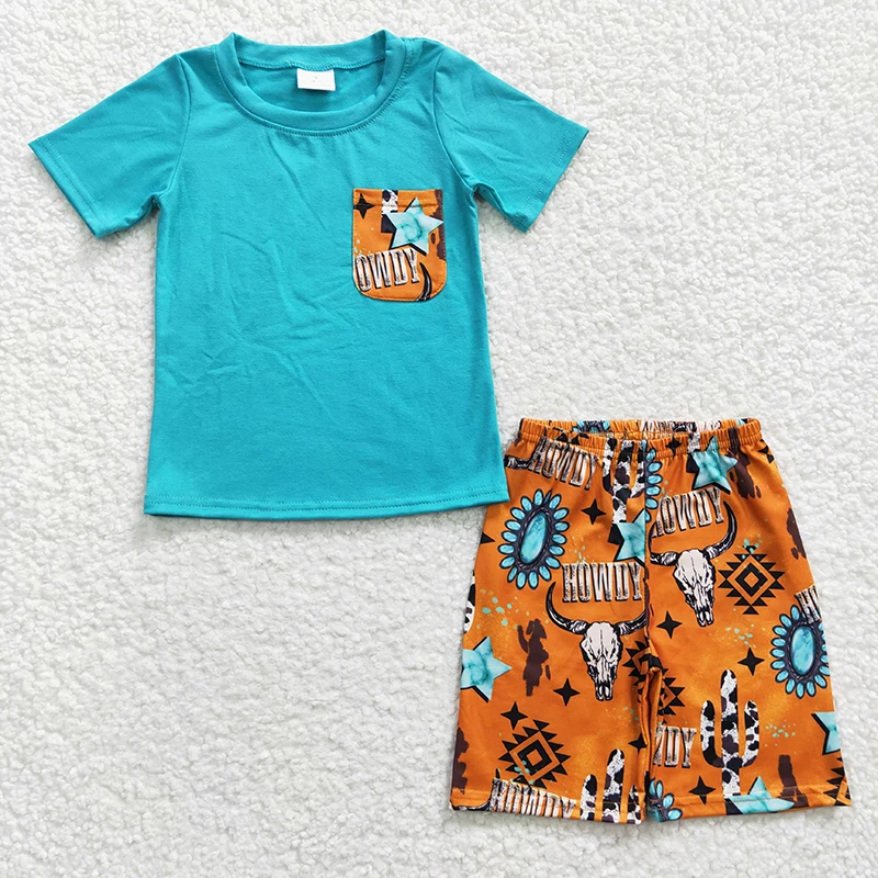 

Wholesale Baby Boy Summer Set Children Cotton Short Sleeves Pocket Tee Shirt Toddler Infant Western Howdy Cow Shorts Kid Outfit