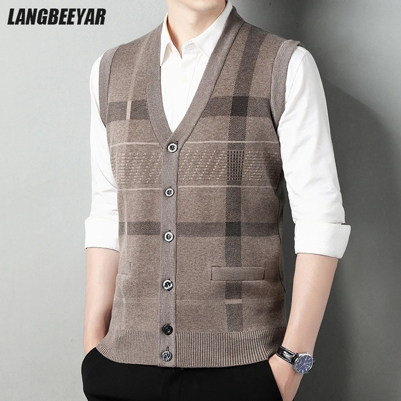 

Высший класс, новый осенне-зимний модный брендовый кардиган, вязаный повседневный свитер с v-образным вырезом, жилет, модная мужская одежда без рукавов 2025