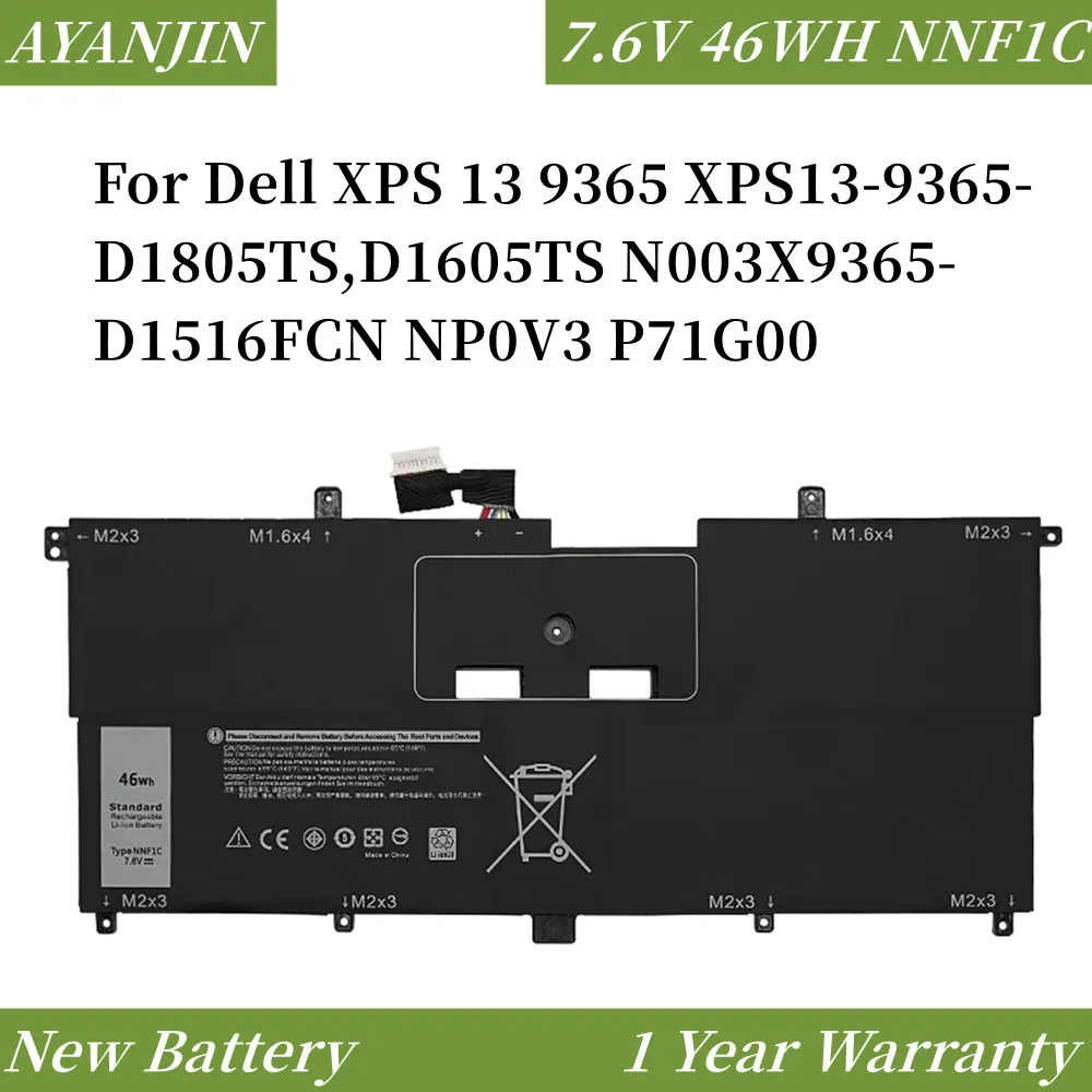 7.6V 46WH NNF1C HMPFH Laptop Battery For Dell XPS 13 9365 XPS13-9365-D1805TS,D1605TS N003X9365-D1516FCN NP0V3 P71G00