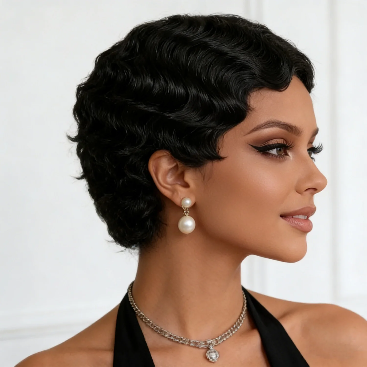

Short Pixie Cut Wigs For Women Wig Brazilian Human Hair Wigs Finger Ocean Wave Full Machine Made Wig (black)