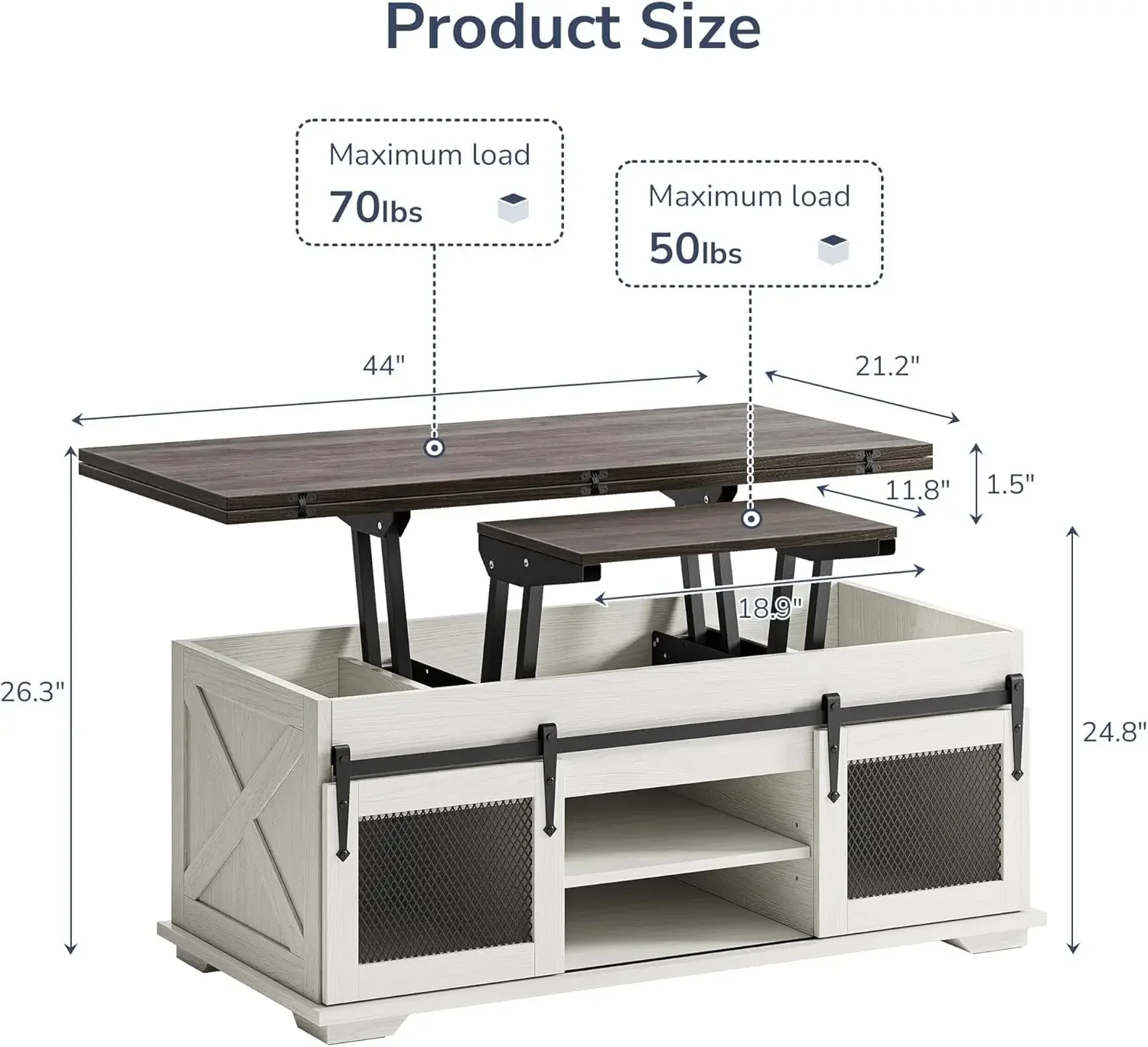 Lift Top Coffee Table, Storage & Sliding Barn Doors, 3 in 1 Multi-Function for Living Room, Dining Reception Room